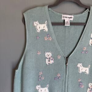 Vintage ALFRED DUNNER Women's XL Dog Embroidered Sage Green Cotton Sweater Vest